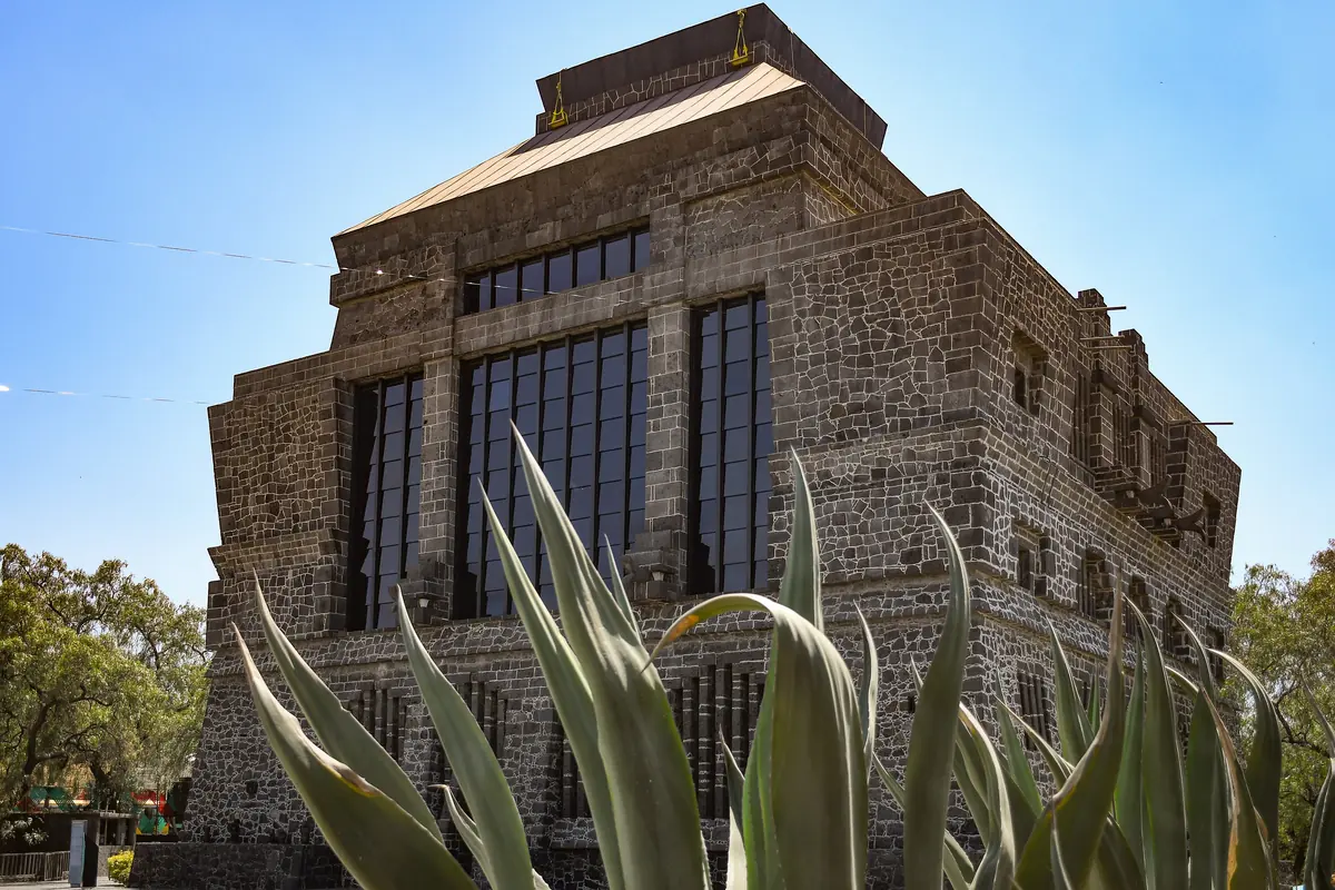 Muzeum Anahuacalli, vysoká stavba z tmavého vulkanického kamene s úzkými okny, viditelná za listy agáve pod jasnou oblohou.
